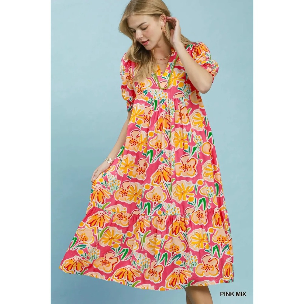 Umgee Floral Print‎ Puff Sleeve Tiered Midi Dress - Pink Mix - Medium